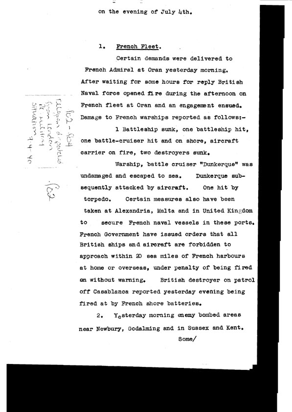 [a308f02.jpg] - Telegram dispatched from London re. military situation  7/4/40