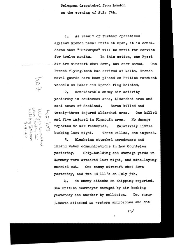 [a308h02.jpg] - Telegram dispatched from LOndon re. military situation  7/7/40