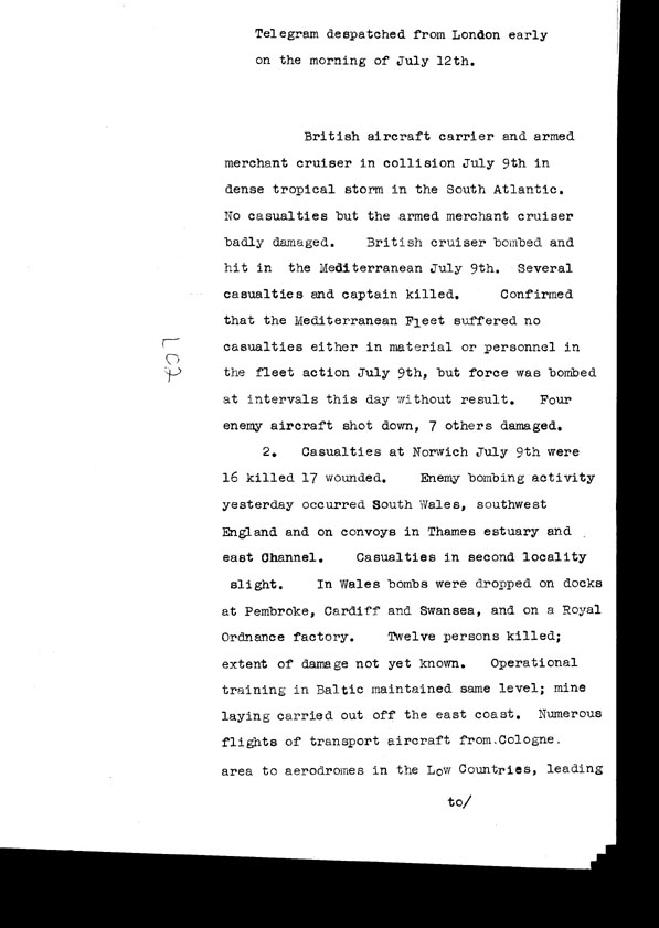 [a308l02.jpg] - Telegram dispatched from London re. military situation  7/12/40