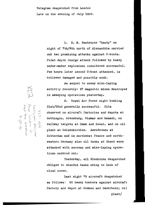 [a308x02.jpg] - Telegram dispatched from London re. military situation  7/23/40
