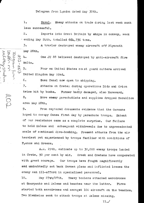 [a321a02.jpg] - Telegram from London on military situation 5/30/41