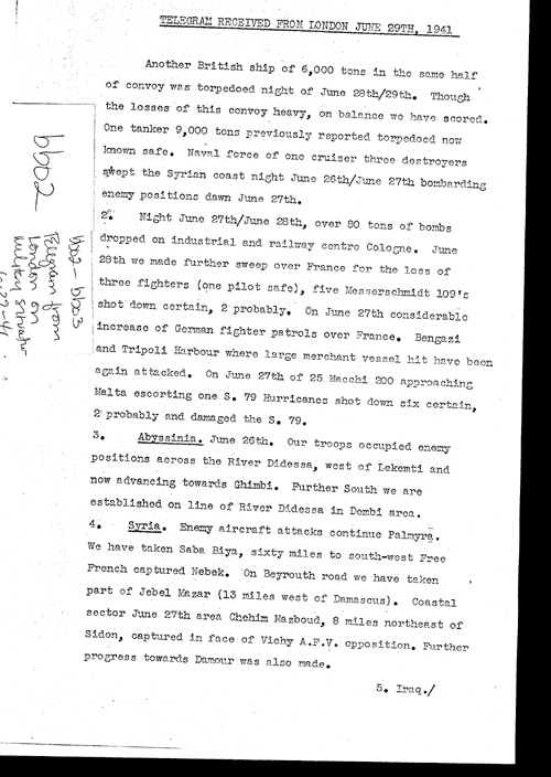 [a321bb02.jpg] - Telegram from London on military situation 6/29/41