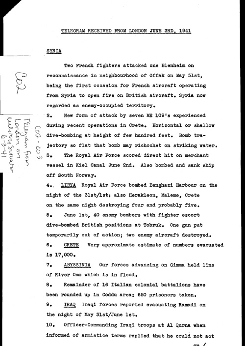 [a321c02.jpg] - Telegram from London on military situation 6/3/41