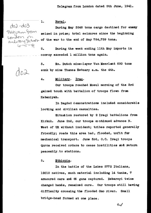 [a321d02.jpg] - Telegram from London on military situation 6/5/41