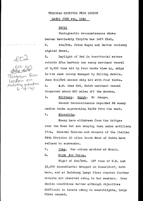 [a321e02.jpg] - Telegram from London on military situation 6/4/41