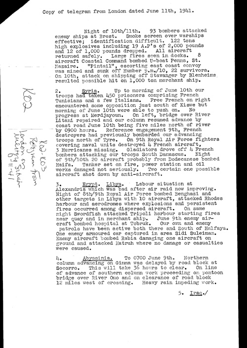 [a321k02.jpg] - Telegram from London on military situation 6/11/41