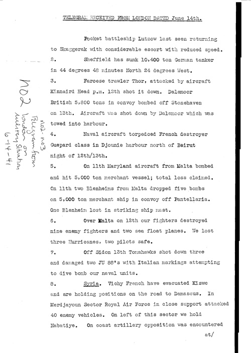 [a321n02.jpg] - Telegram from London on military situation 6/14/41