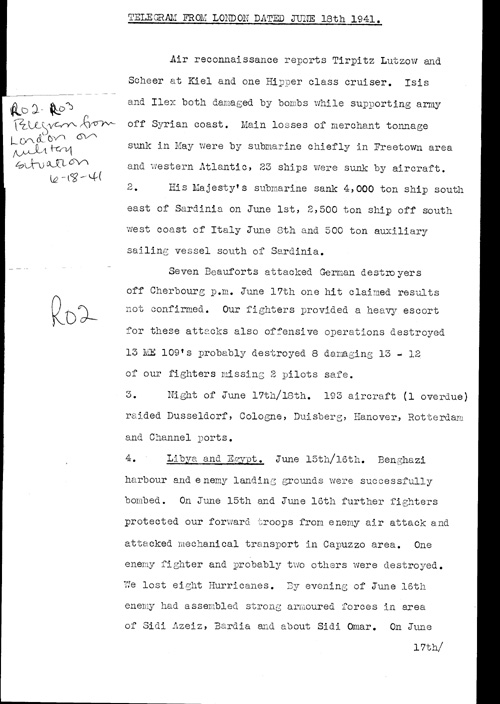 [a321r02.jpg] - Telegram from London on military situation 6/18/41
