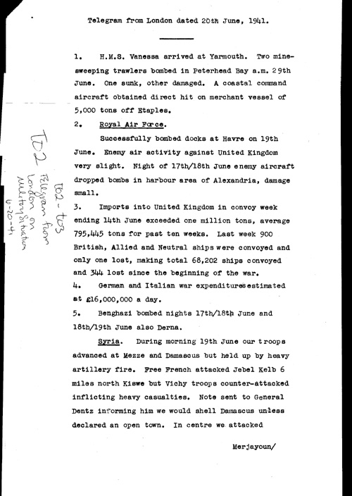 [a321t02.jpg] - Telegram from London on military situation 6/20/41