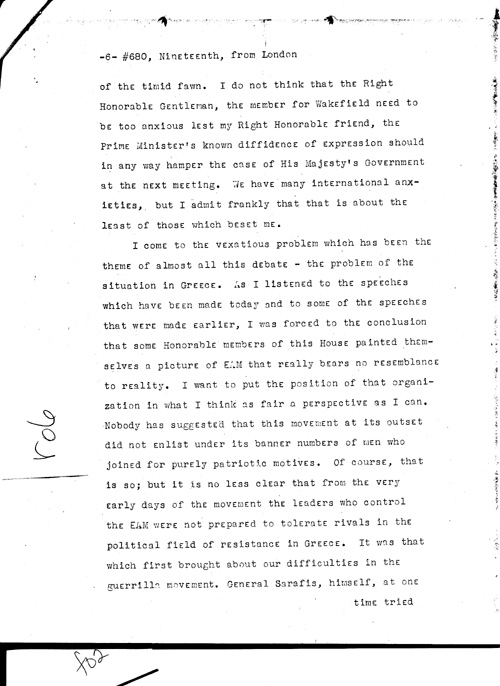 [a331r06.jpg] - Telegram from London --> Secretary of State re: Text of Mr. Eden's speech summing up debate on war situation 1/19/45