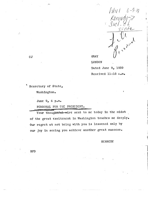 [a339bb01.jpg] - J. Kennedy-->Sect. of State 6/9/39