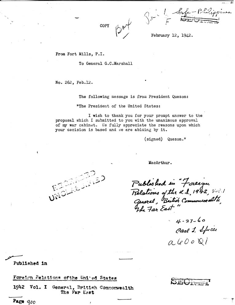 [a60o01.jpg] - MacArthur to Marshall 2/12/42