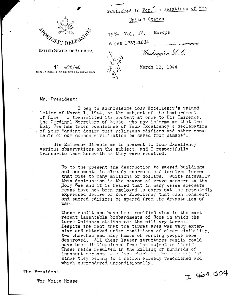 [a469d04.jpg] - Letter: Archbishop Cicognani --> FDR 3/13/44