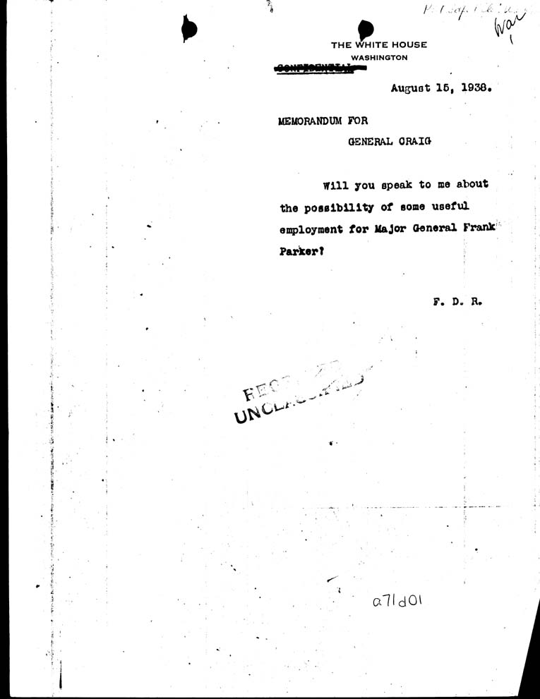 [a71d01.jpg] - Memo for General Craig from FDR 8/15/38