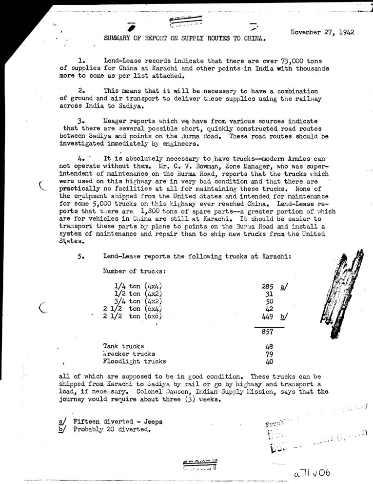 [a71v06.jpg] - Summary of report on supply routes to China ( To McIntyre From Campbell)