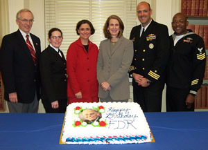 Photo of USS Roosevelt crew members at the Library celebrating FDR's
birthday.