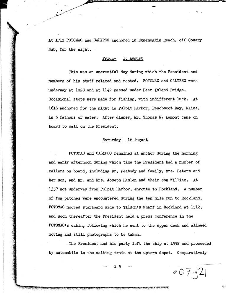 [a07y21.jpg] - log of the President's Cruise on board the U.S.S. Potomac and U.S.S.Augusta 8/3-8/16/41