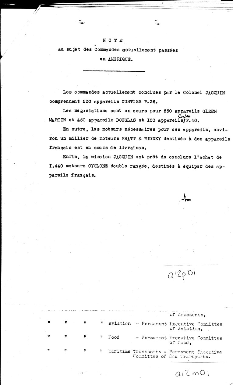 [a12p01.jpg] - Note au Sujet des Commandes Actuellement Passees en Amerique