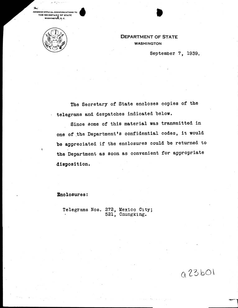 [a23b01.jpg] - Cover letter - Daniels-->FDR-9/7/39