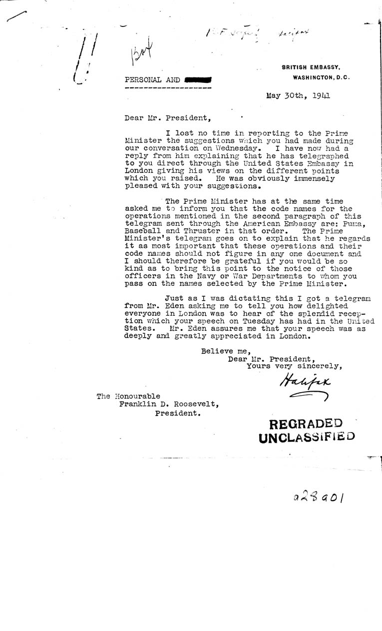 [a28a01.jpg] - Haliflax to Mr. President    May 30, 1941