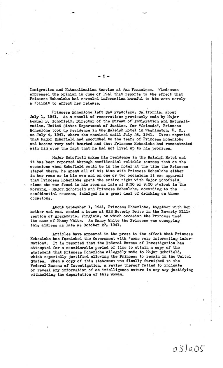 [a31a05.jpg] - Memoradum regarding Princess Stephanie Von Hohenlohe Waldenburg, with aliases