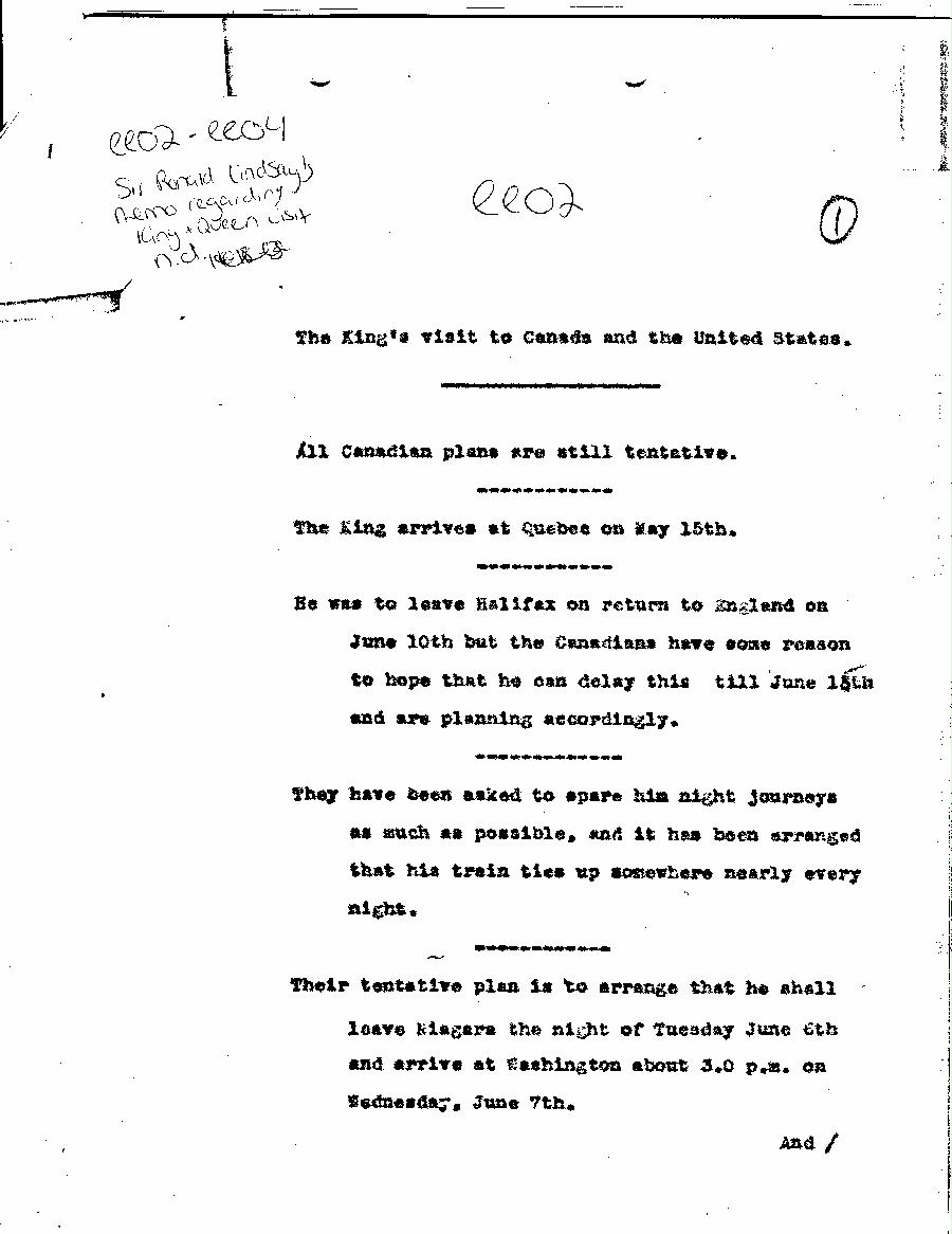 [a303ee02.jpg] - Ronald Lindsay's memo regarding King and Queen visitn.d.