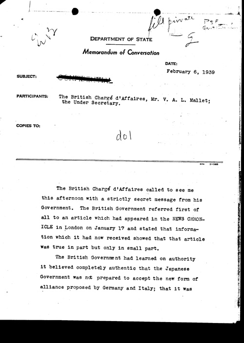 [a304d01.jpg] - Memo of conversation (participants: British Charge d'Affairs, Mr. V.A. L. Mallet; the Under Secretary) 2/6/39