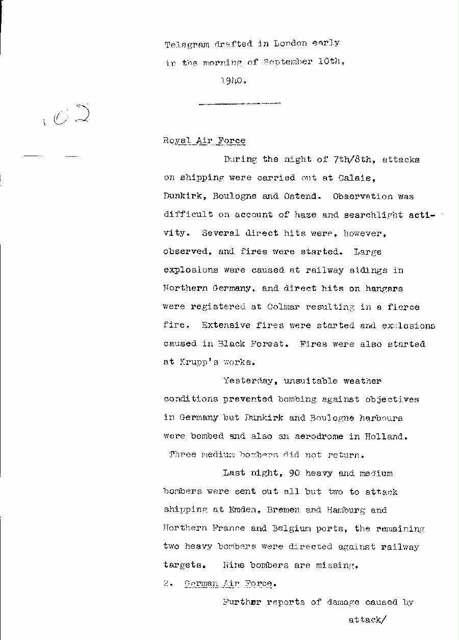 [a310i02.jpg] - Telegram dispatched from London re:military situation. 9/10/40 - Page 1