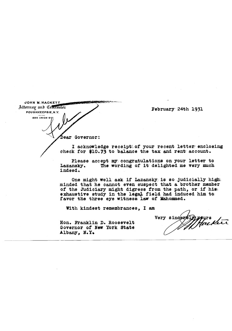 [a906bb01.jpg] - Letter to FDR from John M. Hackett February 24, 1931