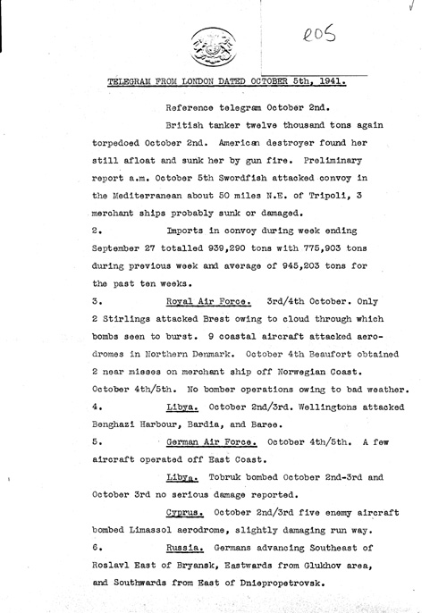 [a324e05.jpg] - Telegram from London on military situation 10/5/41