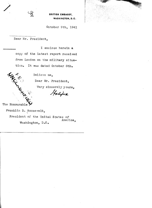 [a324g01.jpg] - Cover letter; Halifax-->FDR 10/9/41