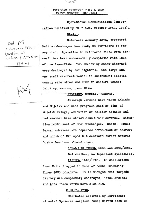 [a324p04.jpg] - Telegram from London on military situation 10/19/41