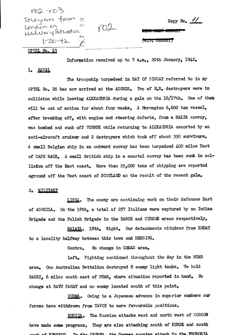 [a328r02.jpg] - Telegram from London on military situation 1/20/42