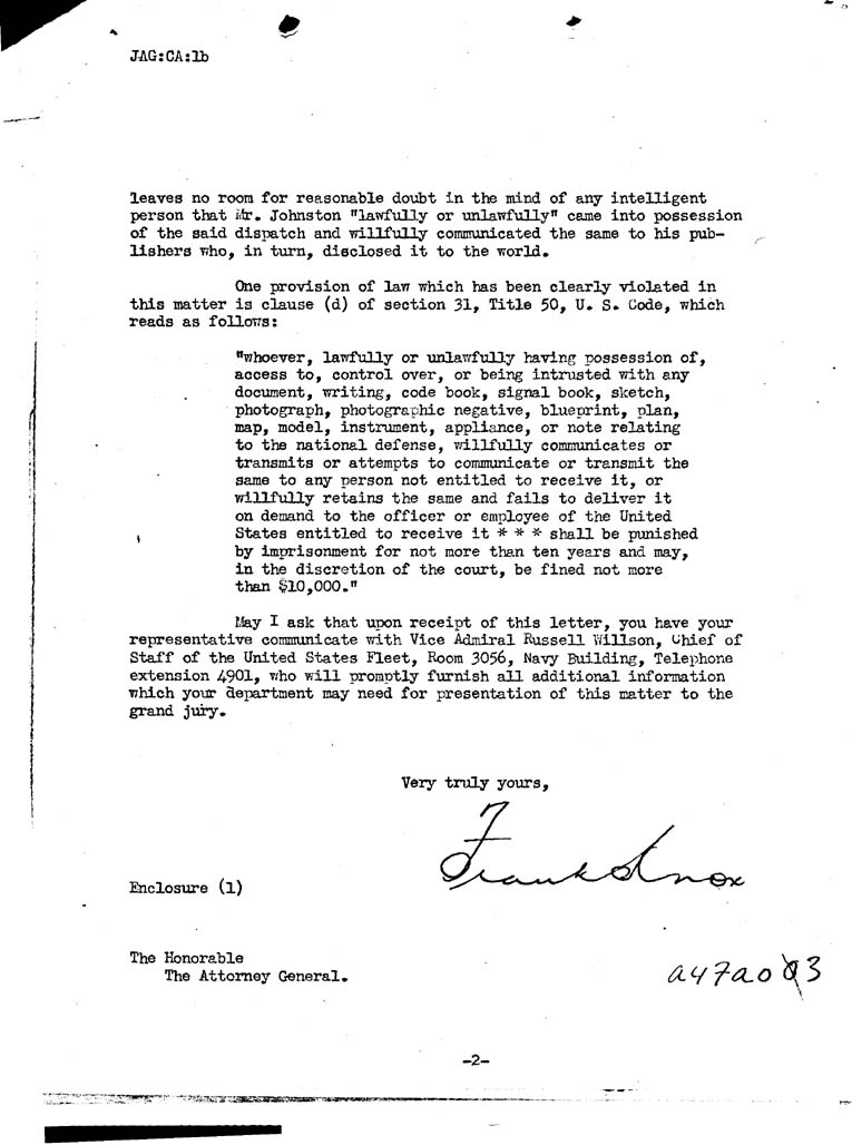 [a47ao03.jpg] - Memorandum, Frank Knox-->President