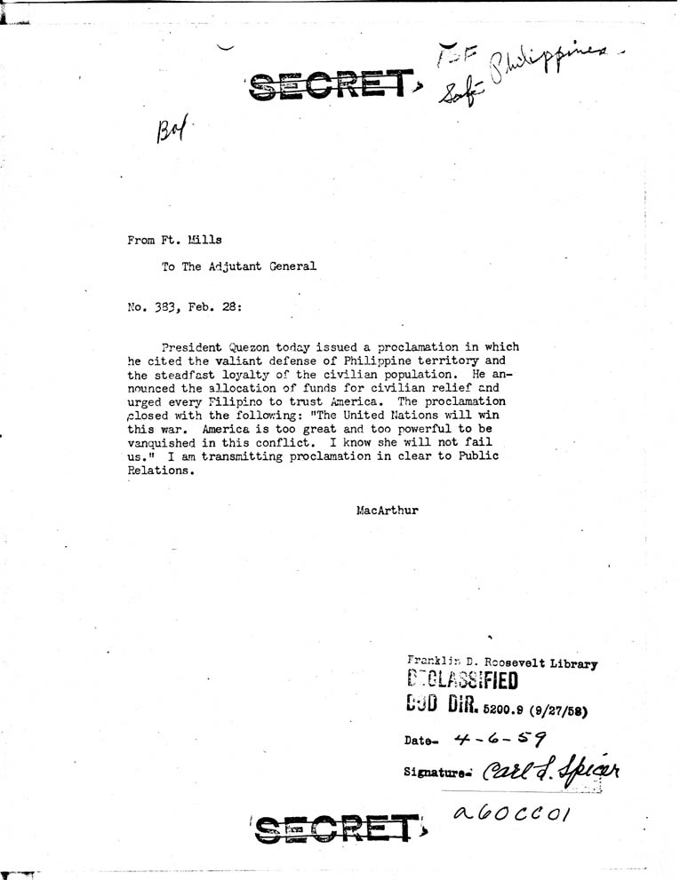 [a60cc01.jpg] - MacArthur to Adjutant General 2/28/42