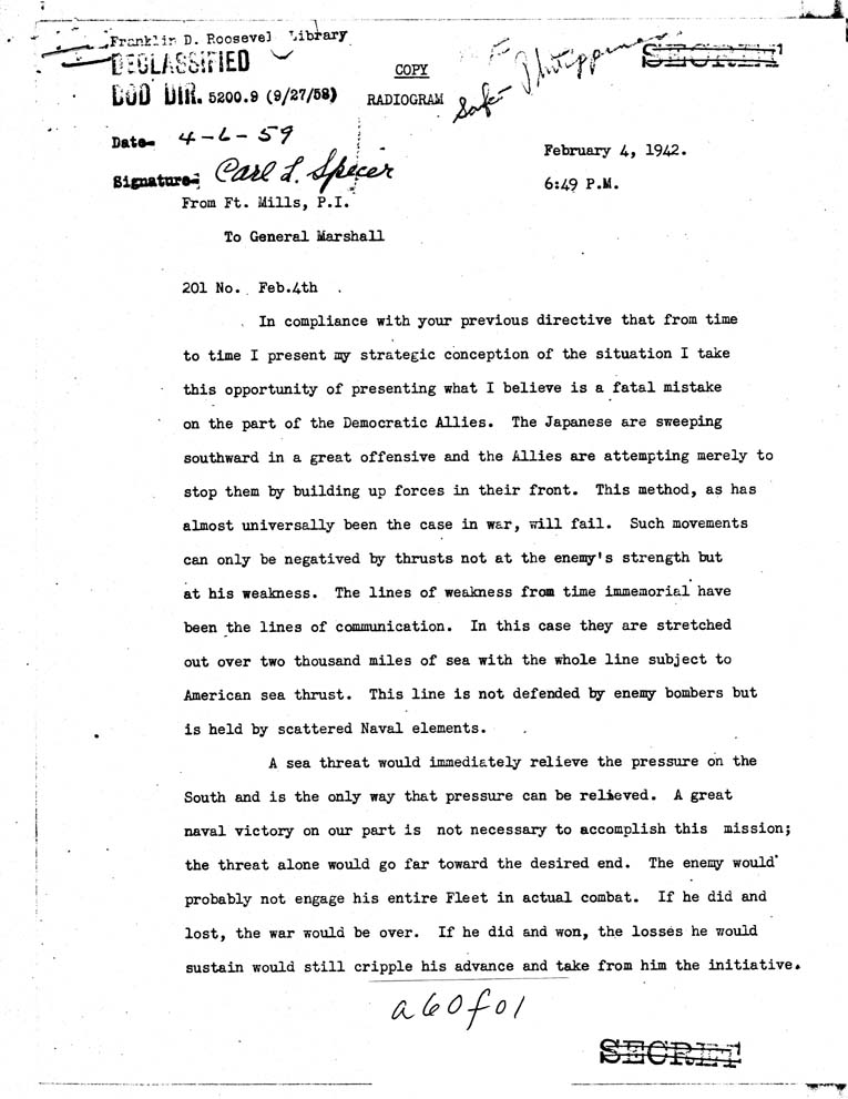 [a60f01.jpg] - MacArthur to General Marshall 2/4/42