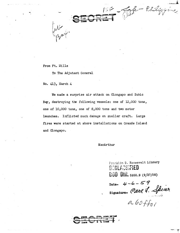 [a60ff01.jpg] - MacArthur to Adjutant General 3/4/42