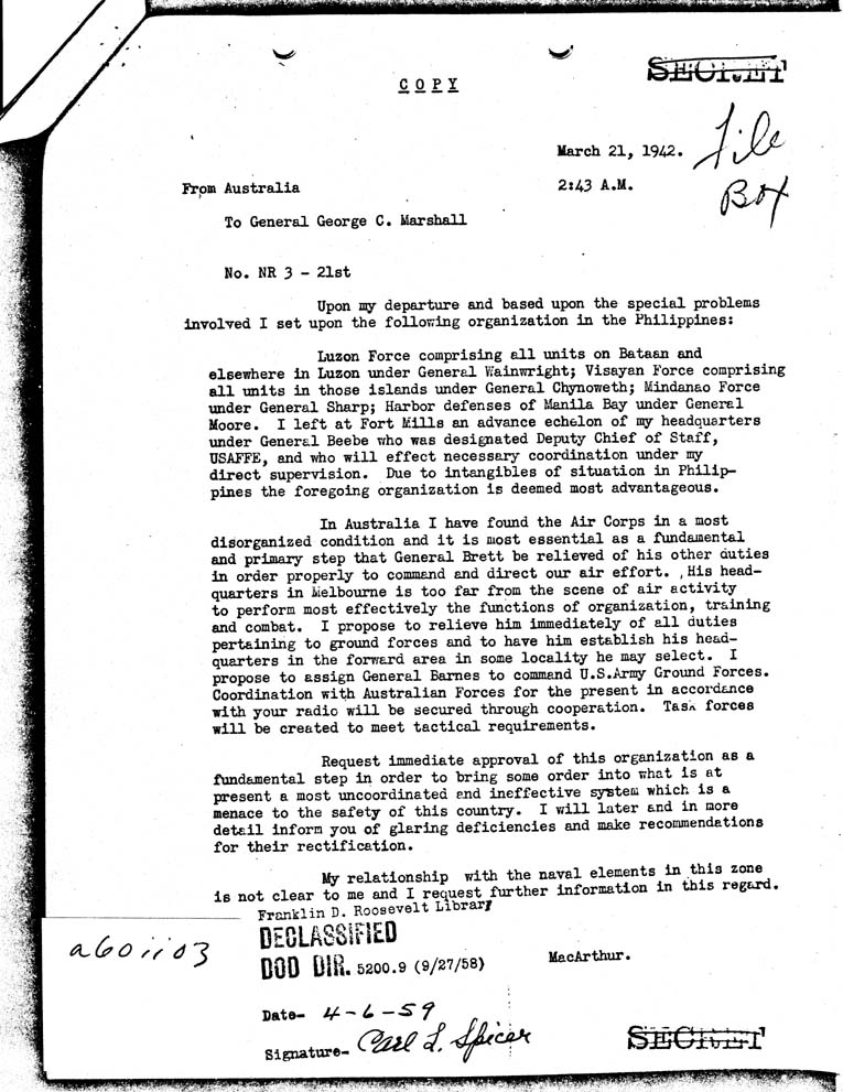 [a60ii03.jpg] - MacArthur to Marshall 3/21/42