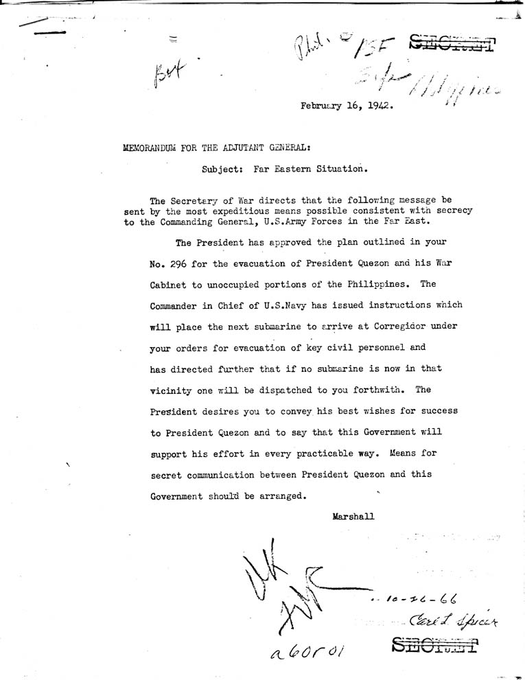 [a60r01.jpg] - Marshall to Adjutant General 2/16/42