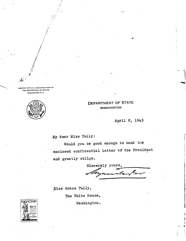 [a468d08.jpg] - Myron Taylor --> Miss Grace Tully 4/8/43