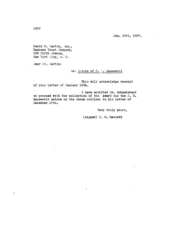 [a907bz01.jpg] - Letter to Harry Martin from J.M Hackett January 18, 1937