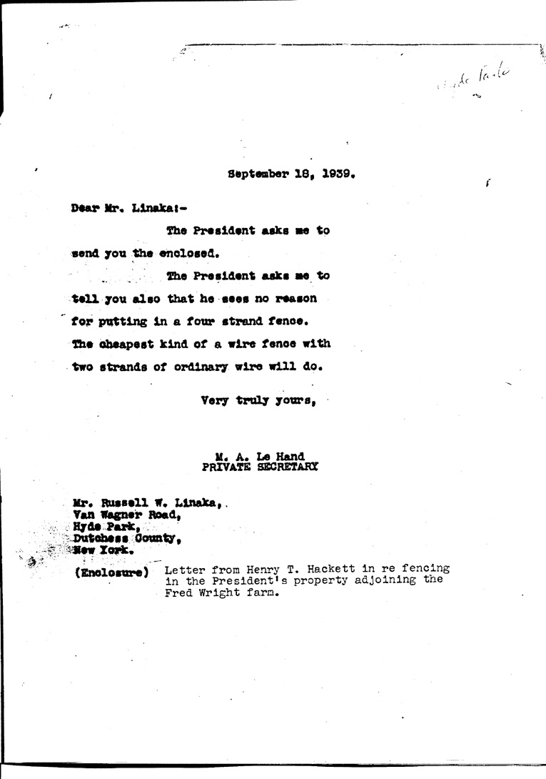 [a909an01.jpg] - Letter toLinaka fromM.A.Le Hand September 18, 1939