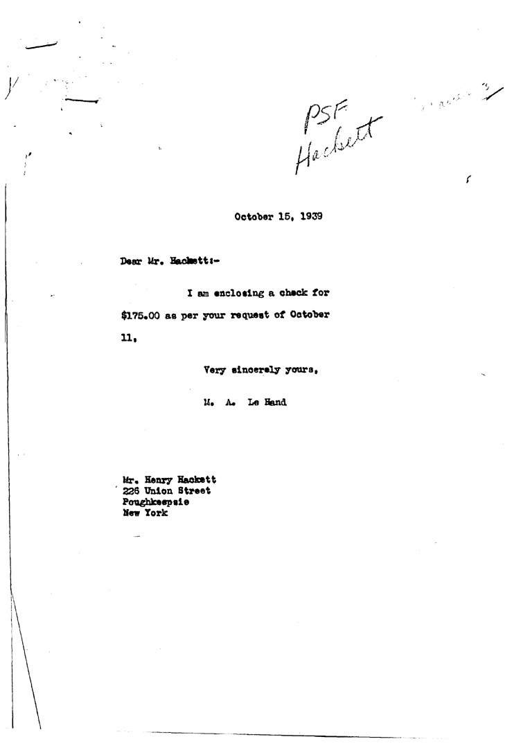 [a909at01.jpg] - Letter to Hackett fromM.A.Le Hand October 15
