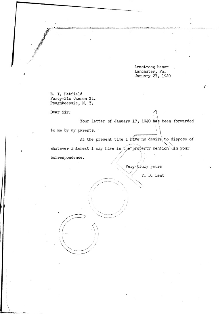 [a909bh01.jpg] - Letter to Hatfied from T.D.Lent January 27, 1940