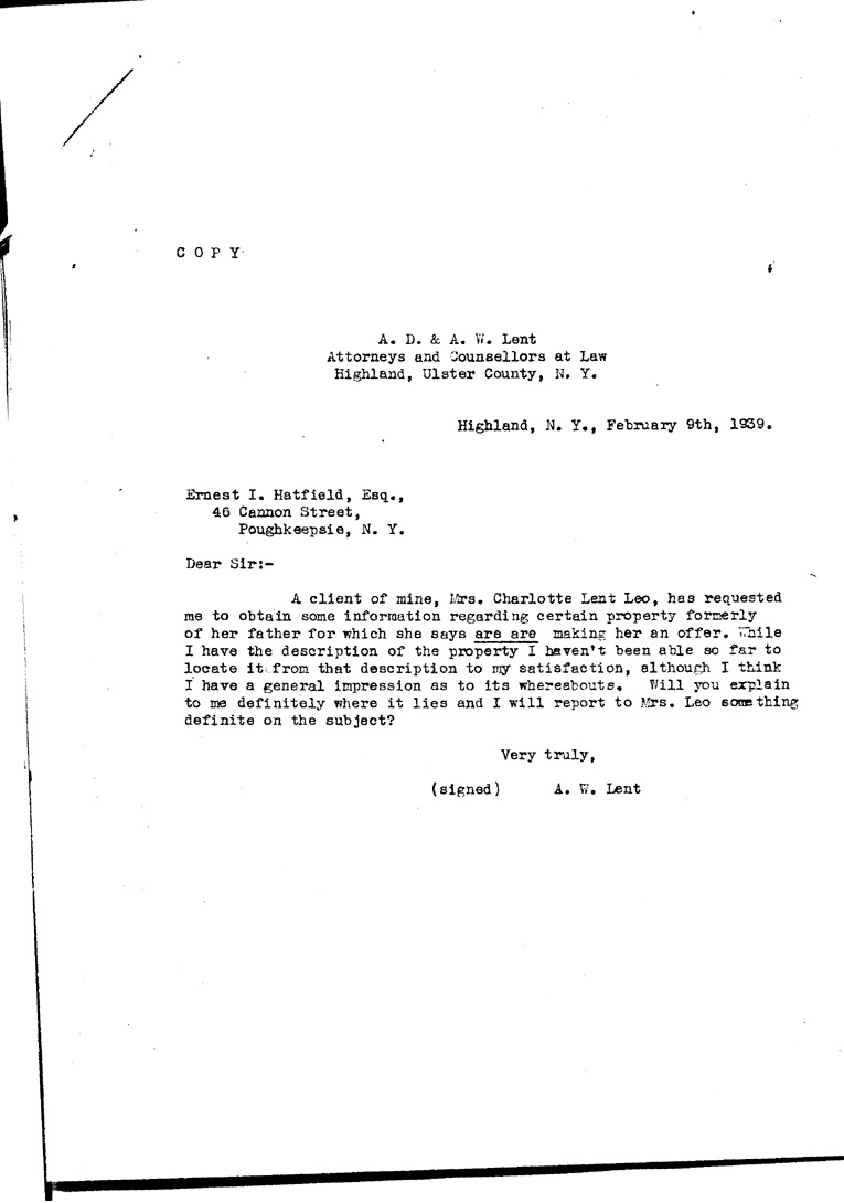 [a909bt01.jpg] - Letter to Ernest Hatfield form A.W.Lent February 9, 1939