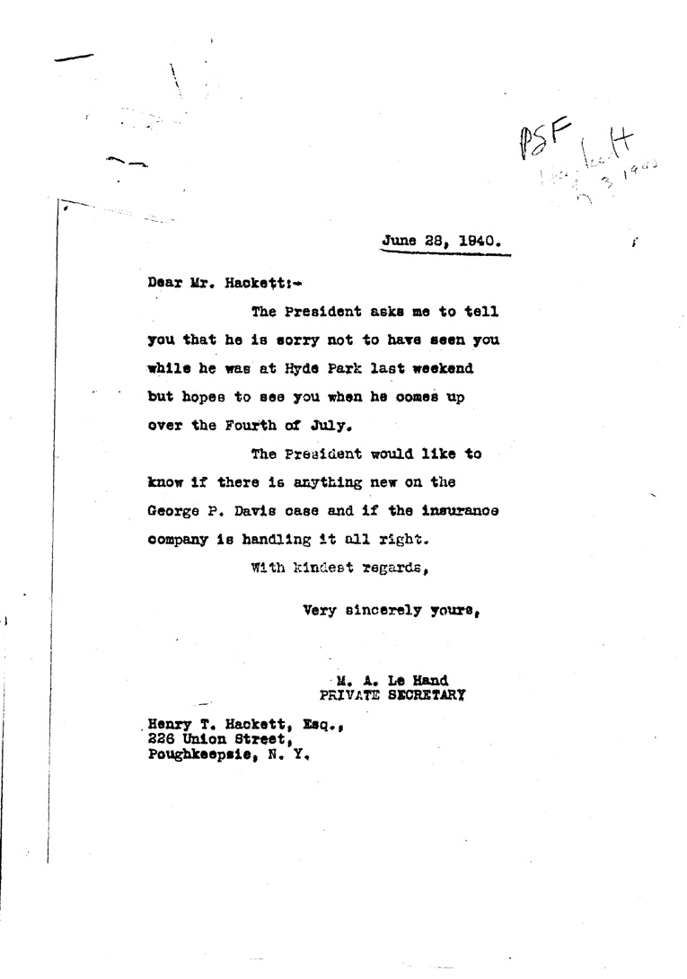 [a909bu01.jpg] - Letter to Hackett fromM.A.LE hand June 28, 1940