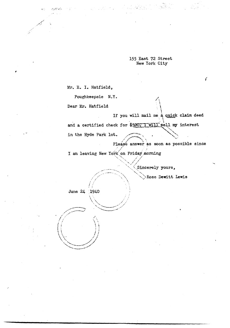 [a909by01.jpg] - Letter to Hatfield formRose DewittLewis