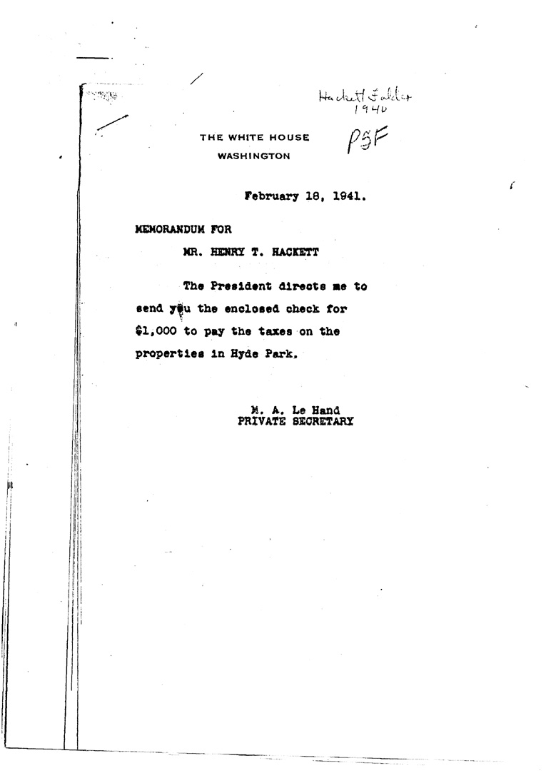 [a909cz01.jpg] - Memo to Hackett fromM.A.LeHand February 18, 1941