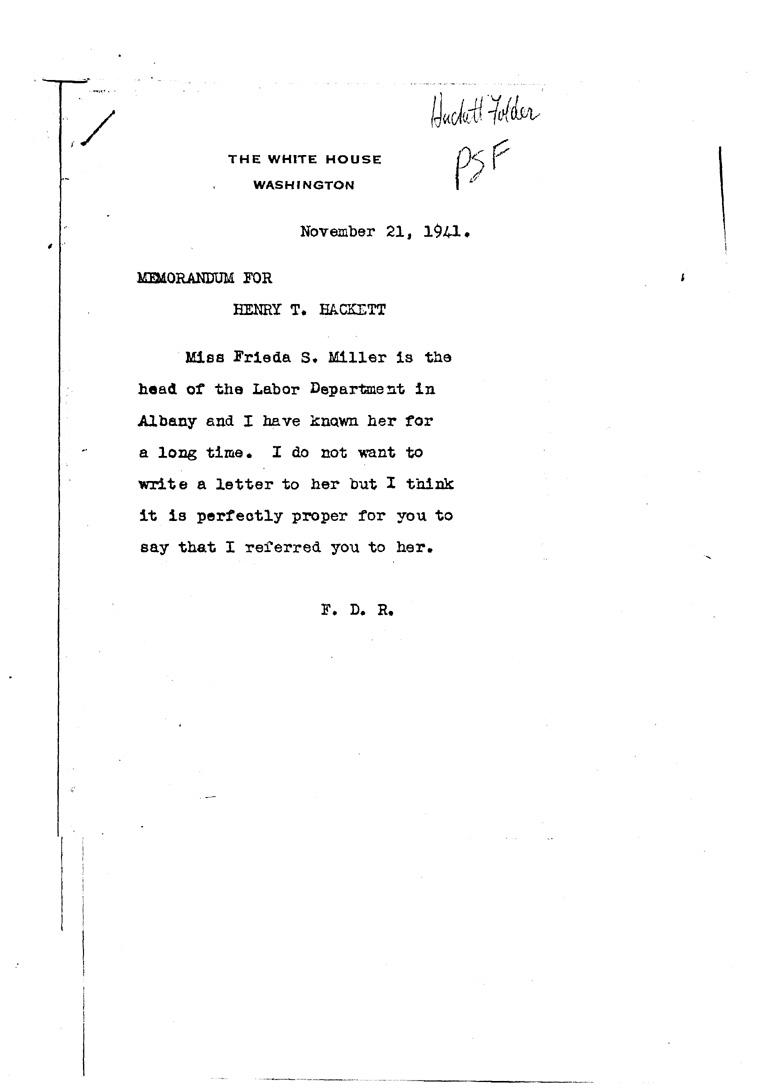 [a909dt01.jpg] - Memo to Hackett form FDR November 21, 1941