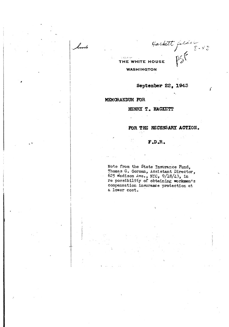 [a909eh01.jpg] - Memo for Hackett from FDR September 22, 1945